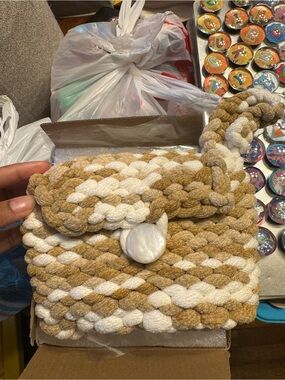 Handmade Braided Clutch Bag in Cream & Tan with Shell Button